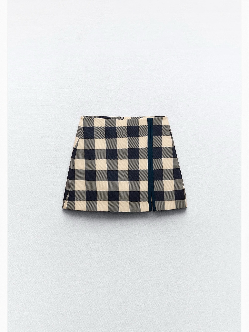 Zara Mini Skirt Navy and Cream Gingham Checked Side Slit Skirt